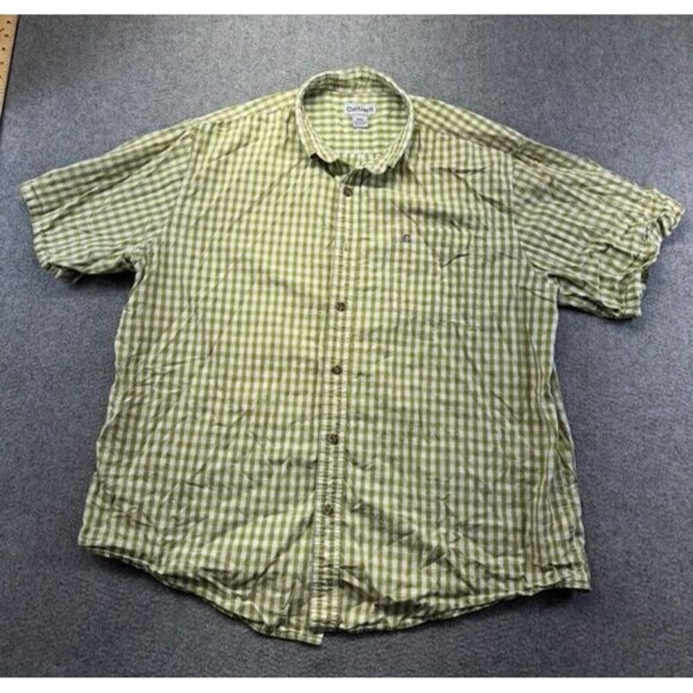 Carhartt Shirt Mens 2XL Green‎ White Plaid Button Down Short Sleeve Relaxed S234